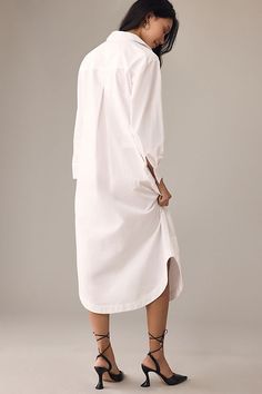 Sack Dress Outfit, Statement Boots, Sack Dress, Shirt Silhouette, Cotton Shirt Dress, White Shirt Dress, Dress Silhouette, Long Sleeve Shirt Dress, Winter Looks