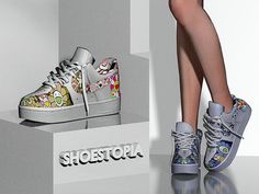 a woman's shoes with hello kitty designs on them and the words short stories below