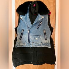 New! Denim Puffer Vest, Real Fur, Fits S, M, L And Xl. Adjustable Fur, You Can Remove It, It Is On Buttons. Adjustable Waist Size, Fits All Sizes. Never Worn. Bough On Limited Showroom For $499. Very Stylish And Fashionable. Puffer Vest, Real Fur, Blue Black, Puffer, Jackets & Coats, Jackets For Women, Women Shopping, Blue, Black