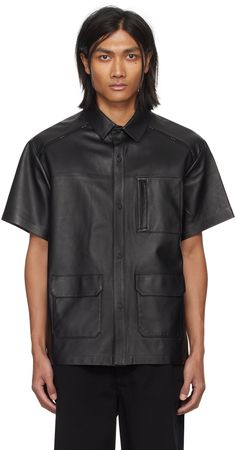 Grained lambskin shirt. · Spread collar · Press-stud closure · Zip pocket at chest · Flap pockets · Logo-printed webbing trim at hem · Unlined Supplier color: Black Leather Shirt, Leather Jackets Women, Black Shirt, Apparel Accessories, Coats For Women, Top Shirt, Womens Shirts, Leather Jacket, Women Wear