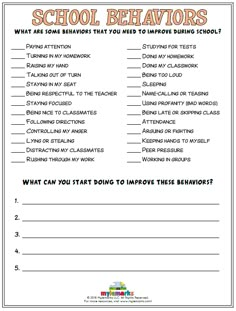 the printable school behavior worksheet for students to learn how to improve their behavior