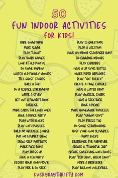 Make memories with 50 incredibly FUN indoor activities for kidsThese boredom busters are much needed on days when you can't get out of the house. Fun Indoor Activities For Kids, Nanny Activities, Babysitting Activities, Get Out Of The House, Summer Camp Activities, Fun Indoor Activities, Kids Moves, Things To Do At Home, Educational Activities For Kids