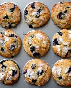 twelve blueberry muffins are sitting on a baking tray