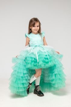 Mint Tutu Dress, Ombre Tulle Dress, Tiered Girl Dress Girl Party Mint Ombre Assymetrical tutu tiered dress with detachable train. This dress can be used as flower girls dress or for any special event. Girl multilayered tiered dress has satin top part and detachable bow Tutu high low dress is perfect for any special occasion in life of your daughter - birthday, party, wedding as flower girl and any other event. With this dress your daughter will receive many compliments and such trendy look will Whimsical Ruffled Pageant Dresses, Whimsical Ruffled Dresses For Pageants, Green Tulle Birthday Dress, Green Tulle Dress For Birthday, Summer Pageant Gown With Ruffles, Green Whimsical Dress For Birthday, Whimsical Green Dress For Birthday, Ombre Tulle Dress, Tutu Frocks