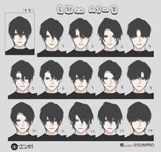 an anime character's face with different facial expressions and hair length, from the side view