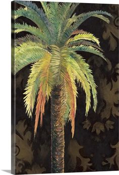 a painting of a palm tree in front of a black background with gold and green leaves