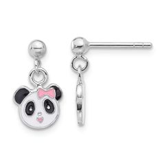 Rhodium over sterling silver polished and multi-color enameled children's panda dangle earrings. Measures approximately 9/16"L x 5/16"W and have friction post and push back closures. Black Enamel Dangle Earrings For Gift, Sterling Silver Drop Earrings With Black Enamel, Panda Earrings, Silver Enamel Flower-shaped Earrings, Panda Charm, Panda Design, Baby Earrings, Earrings Making, Drop Dangle Earrings