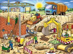 an image of construction site with workers and trucks