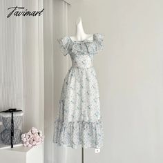 42432753958959|42432753991727|42432754024495 Blue Fairycore Summer Dress, Floral Dress Spring, Y2k Fall Outfits, Holiday Aesthetic, Y2k Fall, Sleepwear Fashion, Romantic Holiday, Spring Floral Dress, Straight Neckline