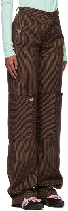 Polyester tweed trousers. Houndstooth pattern throughout. · Belt loops · Three-pocket styling · Zip-fly · Patch pocket at outseam · Unlined Available exclusively at SSENSE. Supplier color: Sepia check Tweed Trousers, Kiko Kostadinov, Brown Trousers, Houndstooth Pattern, Luxury Streetwear, Patch Pocket, Perfect Clothing, Trousers, Outfit Accessories