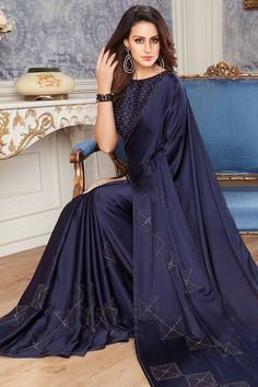 Blue And Gold Saree, Navy Blue Silk Saree, Classy Bun, Gold Saree Blouse, Gold Silk Saree, Gold Saree, Mukaish Work, Navy Blue Colour