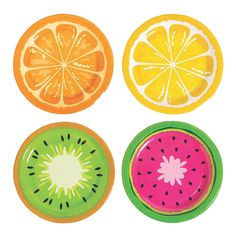 four slices of orange, watermelon and grapefruit paper plates on a white background