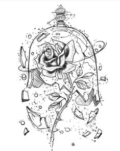 a drawing of a rose in a glass dome with arrows and stars around the edges