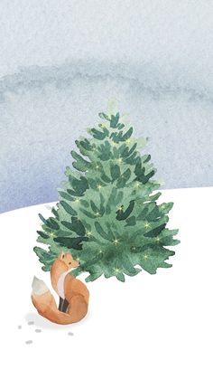 a watercolor painting of a fox sitting next to a christmas tree in the snow