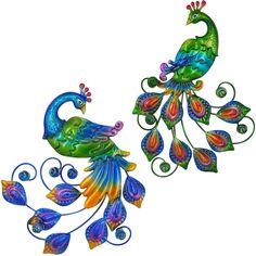 two metal peacocks with colorful designs on them