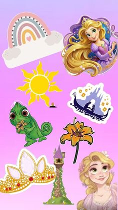 some stickers that are on the back of a cell phone, including princesses and unicorns