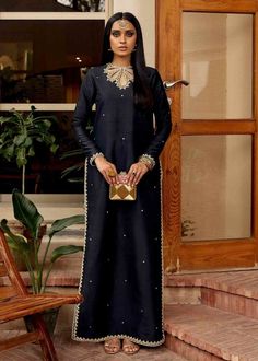 ✨Black raw silk long kameez, salwar kameez, beaded silk suit, kurti pant suit set, plus size salwar kameez,elegant party wear dress, indian salwar kameez ✨This beautiful raw silk dress has elegant hand work of beads and sequin embroidery over the neck, sleeves and hem line. This dress has straight silk pant with matching dupatta ✨We stitched outfit with lot of care, so that our customers should not have any issues regarding finishing and fitting. ✨This dress can be customise in any other colour Black Palazzo Set With Gota Work For Eid, Black Palazzo Set With Gota Work For Festive Occasions, Black Chanderi Palazzo Set With Mirror Work, Black Palazzo Set With Gota Work For Festive Season, Festive Black Palazzo Set With Gota Work, Elegant Black Salwar Kameez With Gota Work, Black Straight Kurta Set With Gota Work, Elegant Long Sleeve Tussar Silk Anarkali Set, Long Sleeve Tussar Silk Churidar For Eid