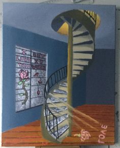 a painting of a spiral staircase in a blue room