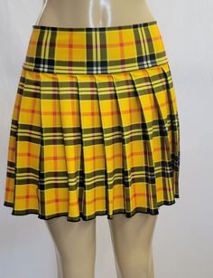 "JUNIOR TO PLUS SIZE \"\" PLAID MINI SKIRT 14\"-16\" LONG. TO ENSURE YOU ORDER THE CORRECT SIZE SKIRT, PLEASE READ THIS CAREFULLY; THEN MATCH IT WITH SIZES. ALL OUR SKIRTS ARE ALWAYS MADE WITH A 3\" LONG WAITSBAND + THE LEGNTH OF THE SKIRT. OUR SKIRTS ARE ALL MADE TO ORDER AND THE LENGTH MAY SLIGHTLY CHANGE A FEW CENTIMETERS, BUT WE TRY TO BE AS ACCURATE AS POSSIBLE.  BELOW IF THE FINAL LENGTH OF THE SKIRT. *XSMALL - Waistband measures 28\" around when fully closed. Skirt is 14\" long from top o Long Plaid Skirt, Running Skirts, Athletic Skirt, Tartan Skirt, Micro Mini Skirt, Yellow Skirt, Golf Skirts, Yellow Plaid, Compression Shorts