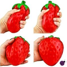 four images of a hand holding a red strawberry with green leaves on the top and bottom