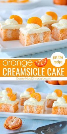 orange creamsicle cake with white frosting and sliced oranges on the side