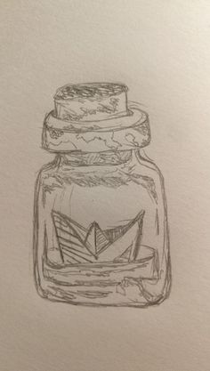 a drawing of a glass jar with a paper boat in it