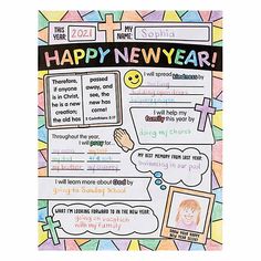 a happy new year bulletin board with pictures and words on the front, in multicolored paper