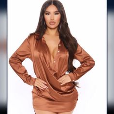 Brand New Fashion Nova Satin Dress. Elegant Brown Mini Dress For Fall, Brown Mini Length Shirt Dress For Fall, Brown Long Sleeve Dress For Date Night, Elegant Brown Mini Dress For Date Night, Chic Brown Mini Dress For Date Night, Elegant Brown Mini Dress For Night Out, Brown Long Sleeve Mini Dress For Formal Occasions, Brown Satin Dress With Sleeves, Brown Long Sleeve Mini Dress For Evening