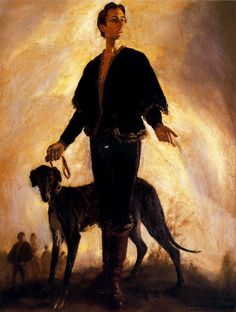 a painting of a man with two dogs