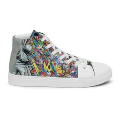 Street art Graffiti. Behind the Curtain - Martin Whatson (Wynwood Walls Miami Edition), 2018. Martin Whatson is a Norwegian street and stencil artist who got his start in Oslo's emerging graffiti scene in the '90s. Step up your shoe game with the High Top Canvas Shoes. These handmade, trendy shoes are sure to spice up your outfit. Get yours now! * 100% polyester, canvas upper side * Ethylene-vinyl acetate (EVA) rubber outsole * Breathable lining, soft insole * Faux leather toe cap * White laces Artistic High-top Custom Sneakers With Artwork, Artistic High-top Custom Sneakers, Urban High-top Sneakers With Graffiti Print, White High-top Custom Sneakers With Graffiti Print, Artistic Canvas Sneakers With Rubber Sole, Custom Artwork High-top Sneakers With White Sole, High-top Sneakers With Custom Artwork And White Sole, High-top Sneakers With Custom Artwork For Streetwear, Custom-designed High-top Sneakers For Streetwear