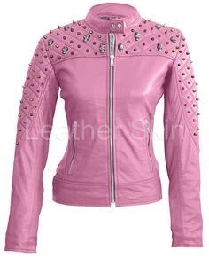 Leather Skin Women Pink Quilted Gold Studded Skeletons Genuine Leather Jacket Fitted Studded Biker Jacket For Spring, Fitted Studded Leather Jacket For Spring, Winter Fitted Studded Leather Jacket, Studded Fitted Leather Jacket For Winter, Fitted Studded Leather Jacket For Winter, Fitted Leather Jacket With Studs For Winter, Fitted Leather Jacket With Studs, Fitted Spring Outerwear With Rivets, Pink Fitted Punk Biker Jacket