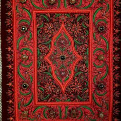 "Stunning, OOAK statement hand embroidered orange jewel carpet silk wall lavishly detailed and opulently adorned with genuine semi precious stones, including 14 large agate stones. Expertly embroidered by master artisans in the zardozi tradition. It is a masterpiece of artistry and craftsmanship. The word Zardozi means \"gold thread\". It is an elaborate multidimensional embroidery art form using metallic threads and genuine semi precious stones to give a rich and opulent 3D effect. Zardozi is a Red Bohemian Dupatta With Handwork, Traditional Red Embroidered Fabric With Handwork, Red Traditional Handwork Embroidered Fabric, Traditional Red Handmade Dupatta, Red Traditional Embroidered Fabric With Mirror Work, Traditional Red Embroidered Fabric With Mirror Work, Embroidered Orange, Embroidered Wall Hanging, Embroidery Wall Art