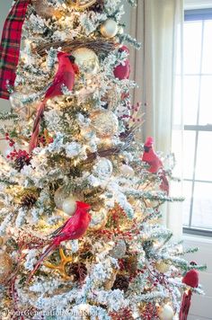 a white christmas tree with red birds and ornaments on it, in front of a window