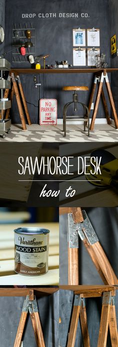 the sawhorse desk is made out of wood and has two different types of tools on it