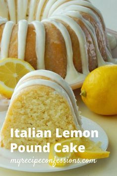 there is a lemon pound cake with icing on the plate next to some lemons