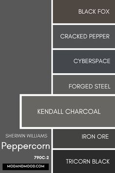 sherwin williams peppercorn Dark Paint Kitchen Walls, Peppercorn Painted Cabinets, Peppercorn Grey Sherwin Williams, Black Peppercorn Paint Color, Sw Peppercorn Accent Wall Bedroom, Sherwin Williams Dark Gray Cabinets, Dark Paint Laundry Room, Cracked Pepper Behr Vs Iron Ore, Black Fox Sherwin Williams Cabinets
