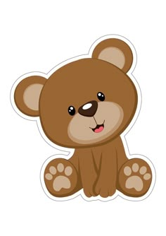 a brown teddy bear sitting on top of a white floor next to a sticker