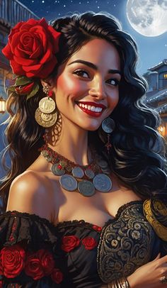 a painting of a woman with red roses in her hair and necklaces, smiling at the camera