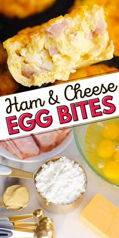 ham and cheese egg bites on a plate with eggs in bowls, spoons and utensils