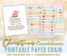 the christmas countdown printable paper chain is shown in front of a snowflake background