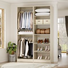 an open closet with shoes and clothes on shelves