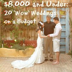 a man and woman standing next to each other in front of a sign that says $ 8, 000 and under 20 wow wedding on a budget