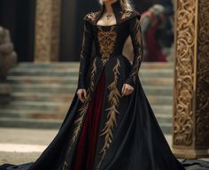 Targaryen black and golden dress Targaryen Aesthetic Outfits, Reign Inspired Dresses, Targaryen Outfit Aesthetic, House Of Dragon Dresses, Targaryen Dress Design, Targaryen Style Dress, House Of Dragons Dresses, Targaryen Outfit Dresses, Targaryen Inspired Dress