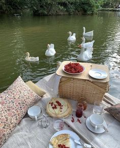 a picnic table with plates and food on it in the water next to some ducks