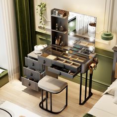 a dressing table with drawers and stools in a small room next to a window