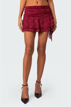 Mini skirt Gathered ruffle hem Lace fabric Matching set Polyester, Spandex Model wears size S Model height is 5'9 Item care: Wash with similar color Mexican Mini Skirts, Micro Skirts, Outfit Mini Skirt, Lace Mini Skirt, Burgundy Lace, Maxi Styles, Swimwear Dress, Metallic Dress, Puff Sleeve Top