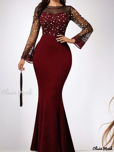 Olivia Mark - Elegant Solid Color Mesh Sequin Patchwork Empire Waist Long Slim Evening Dress Fitted Red Splicing Dresses, Red Long Sleeve Dress With Splicing, Red Spliced Dress For Party, Tulle Evening Dress, Wrap Around Skirt, Belted Midi Dress, Brown Outfit, Vintage Floral Print, Crewneck Dress