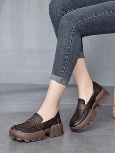 Sku CY-!90285 Material Cow Leather , Rubber Feature Solid Color Occasion Going out , Casual , Vacation , Simple , Vintage Seasons Autumn Type Loafers Heels Height Mid (3cm-5cm) Color BLACK,BROWN,GRAY Size 35,36,37,38,39,40 Please consult the size chart we provide for this item's measurements to help you decide which size to buy.Please note: There may be 1-3cm differ due to manual measurement. Casual Fall Platform Slip-on Loafers, Casual Slip-on Platform Loafers For Fall, Casual Fall Slip-on Platform Loafers, Brown Casual Closed Toe Platform Loafers, Casual Brown Closed Toe Platform Loafers, Casual Brown Platform Loafers With Leather Footbed, Casual Brown Platform Loafers With Rubber Sole, Casual Brown Platform Loafers With Flat Heel, Casual Slip-on Platform Loafers With Pointed Toe