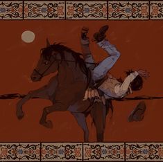 a man riding on the back of a brown horse next to a person laying down