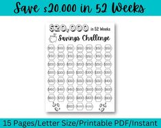 the savings challenge printable planner sticker is shown with text that reads $ 20 00 in